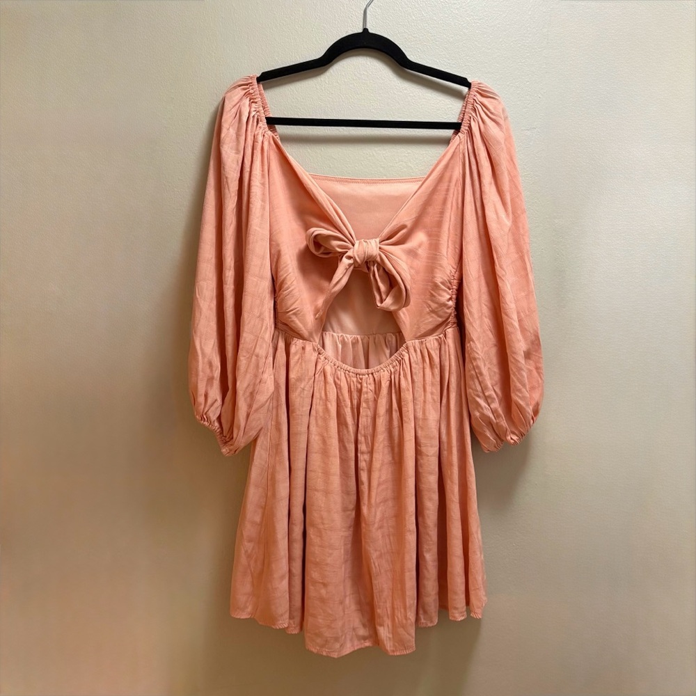 Peach Square Neck Puff Sleeve Mini Dress Back Tie | Size S Baby Doll - Picture 7 of 11